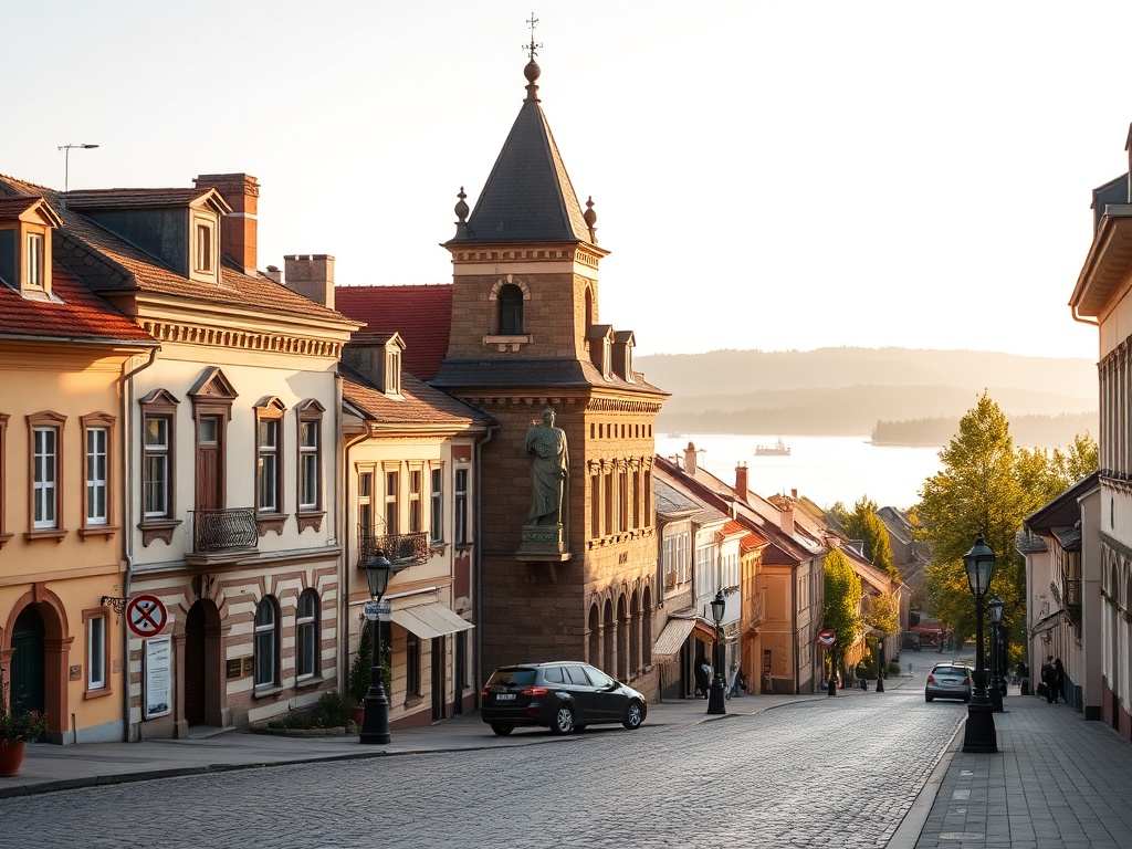 Panorama Braniewa z widokiem na rzekę i zabytkowe budynki
